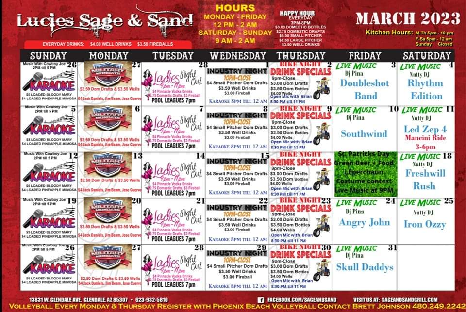 Lucie's Sage & Sand Bar & Grill March 2023 Events Calendar 